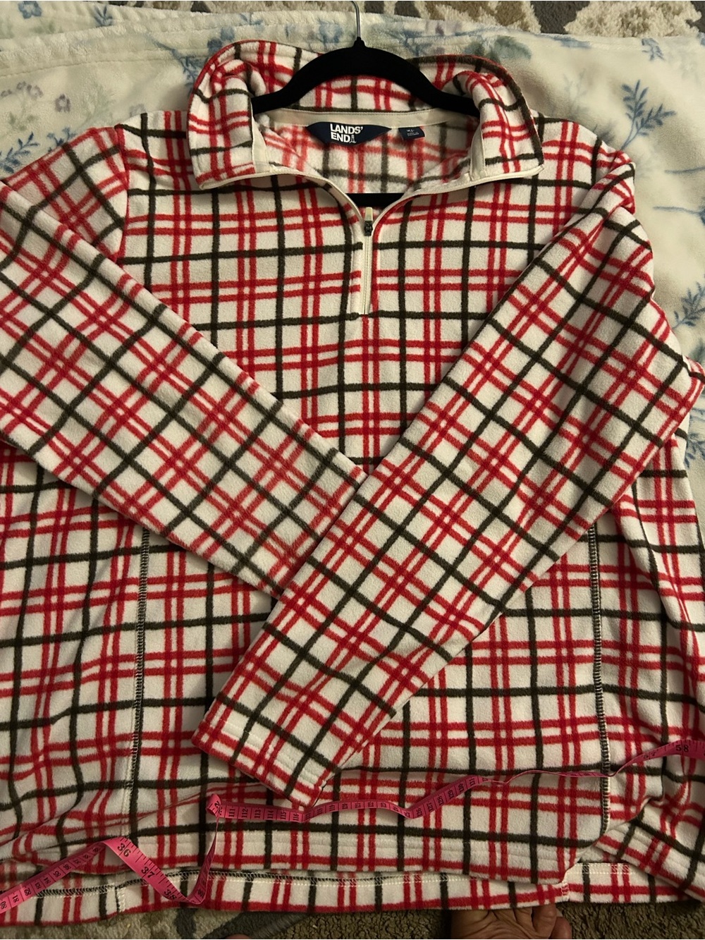 Lands' End Red, Black & White Plaid Quarter-Zip Fleece Pullover
